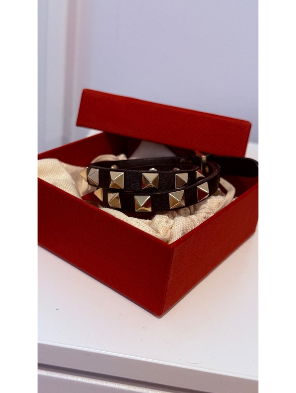 Valentino Rockstud Double Wrap Leather Bracelet in Black with Gold Studs